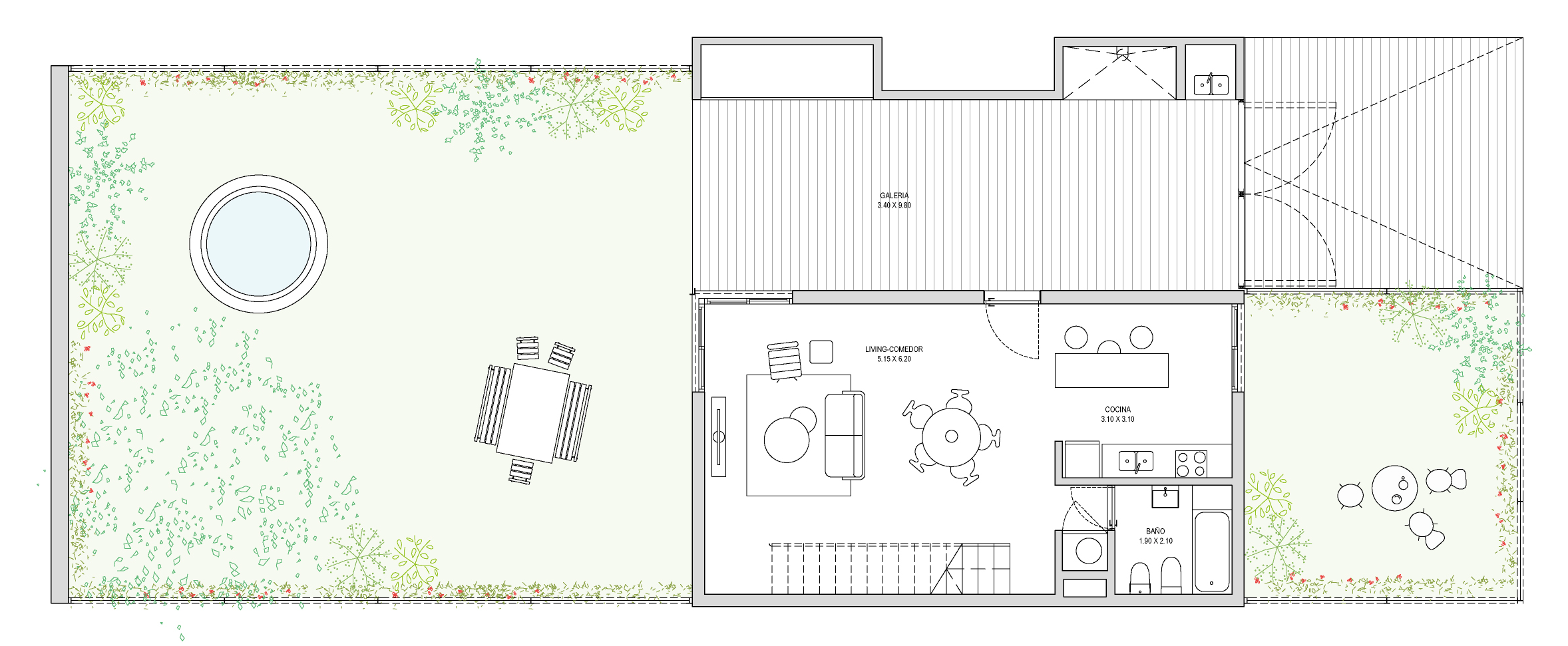 Planta baja — living-comedor, cocina, baño, galería y jardín