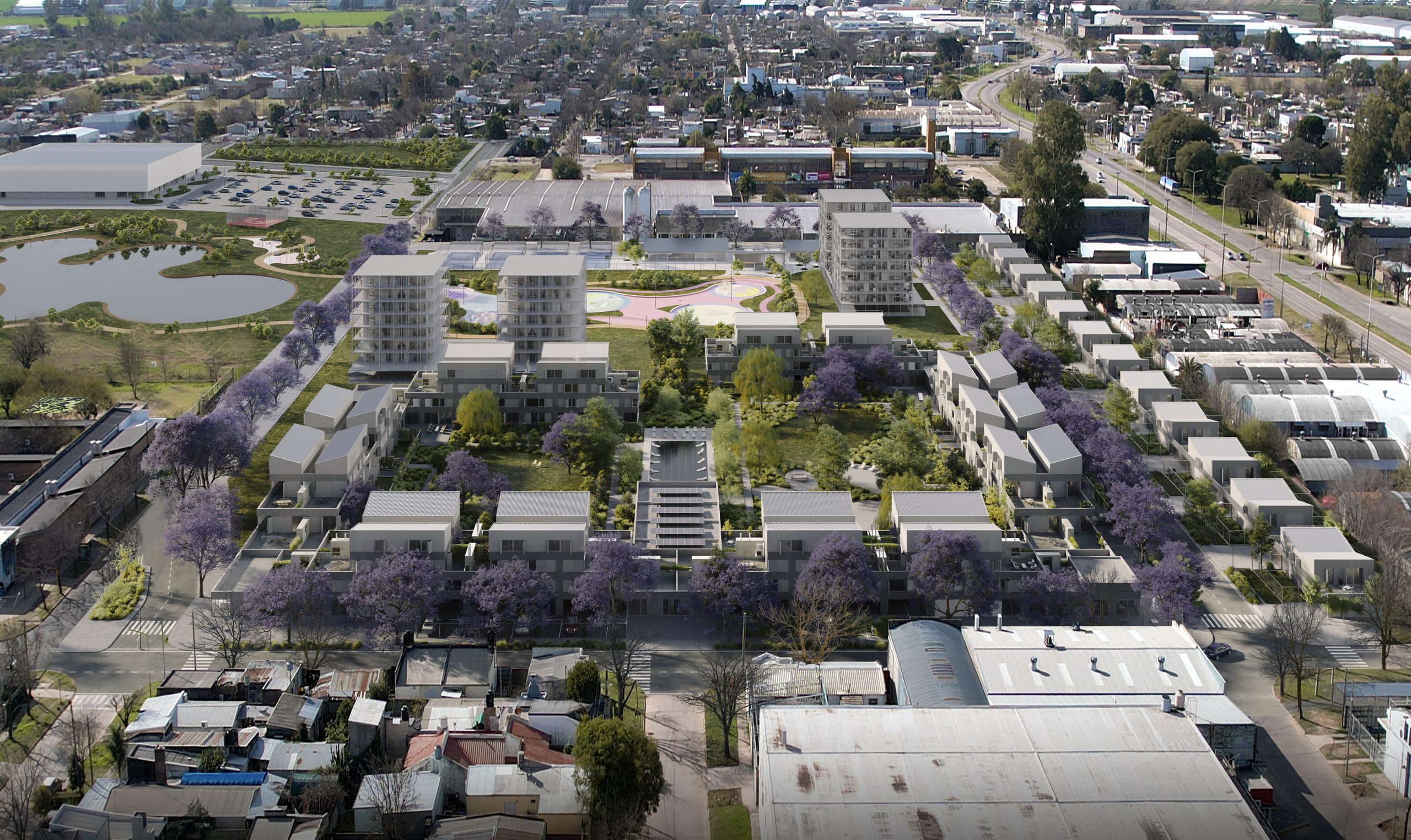 Villa Atenea — aérea eje con masterplan