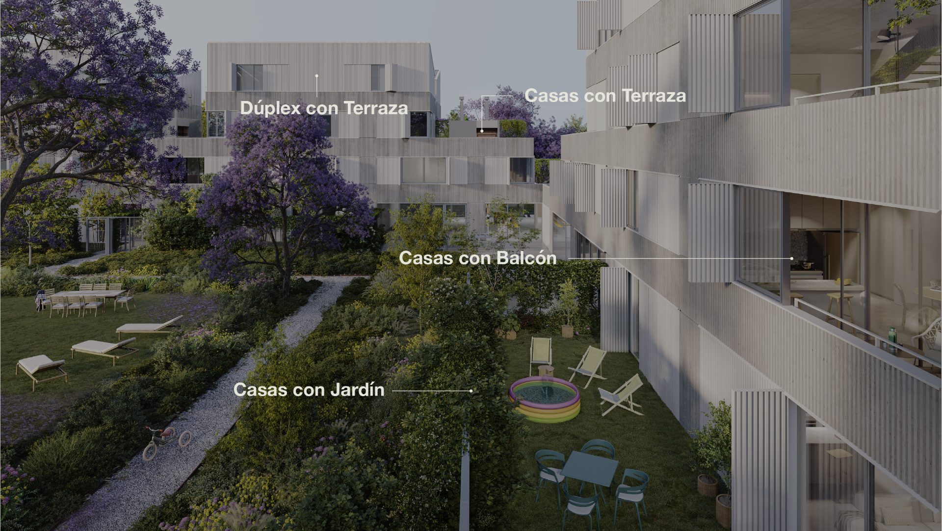 Tipologías — jardín, balcón, terraza y dúplex